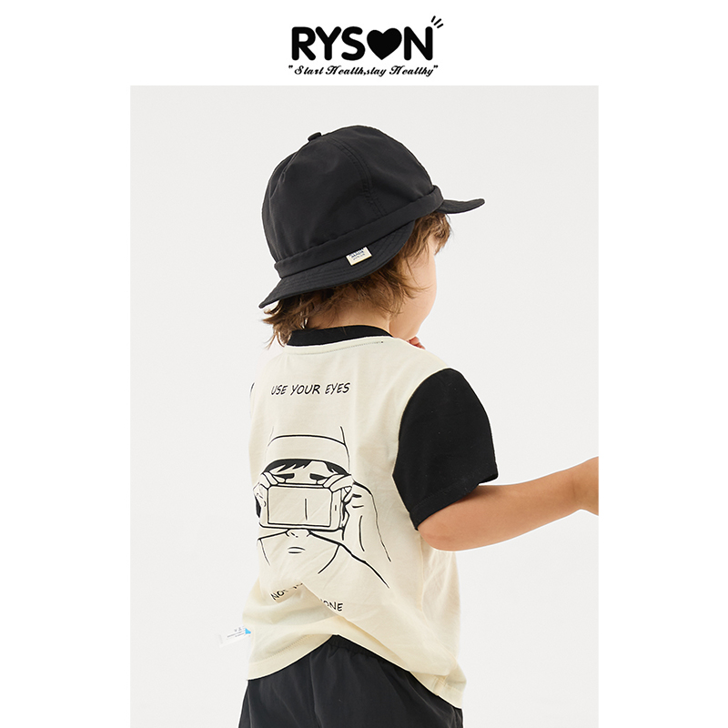RYSON潮童装夏季新款男女宝上衣黑白色漫画印花潮酷纯棉短袖T恤