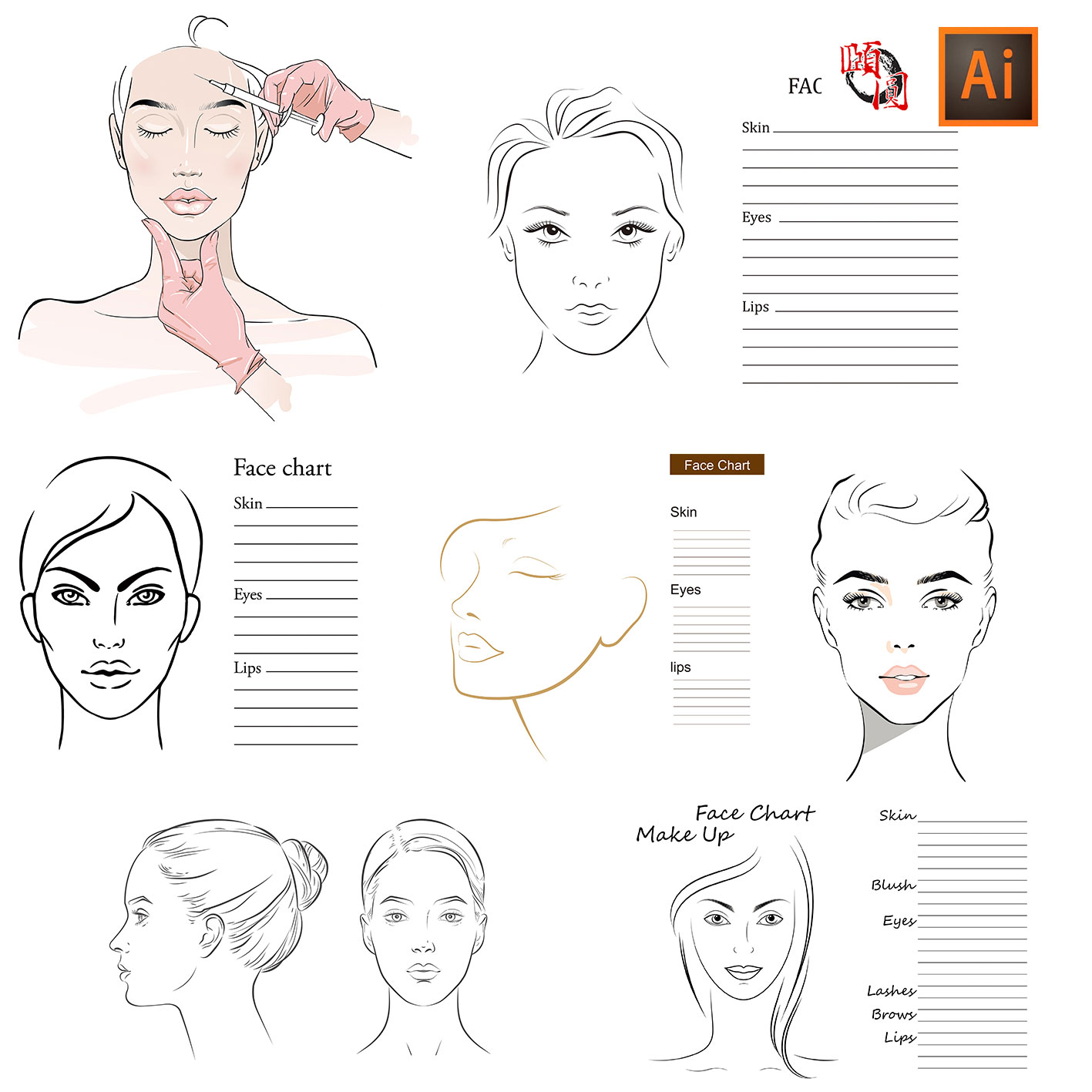 女士美容脸型脸部五官比例头像插画AI矢量设计素材