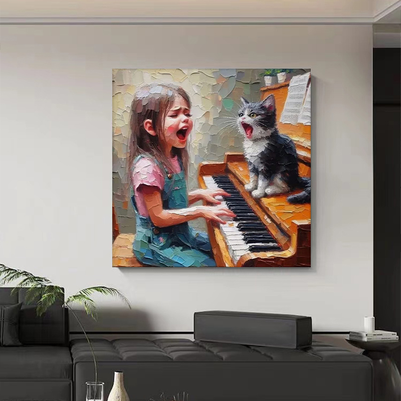 手绘油画小女孩猫咪客厅玄关装饰画小众艺术趣味弹钢琴儿童房挂画