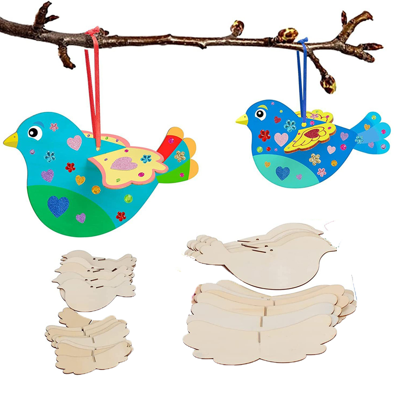 春天儿童手工diy白坯木制拼插3D小鸟模型幼儿园白模涂鸦绘画挂饰