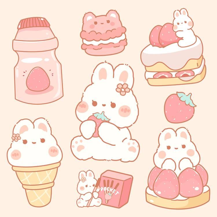 1571粉色卡通小兔子草莓蛋糕甜品烘培生日派对插画矢量AI设计素材