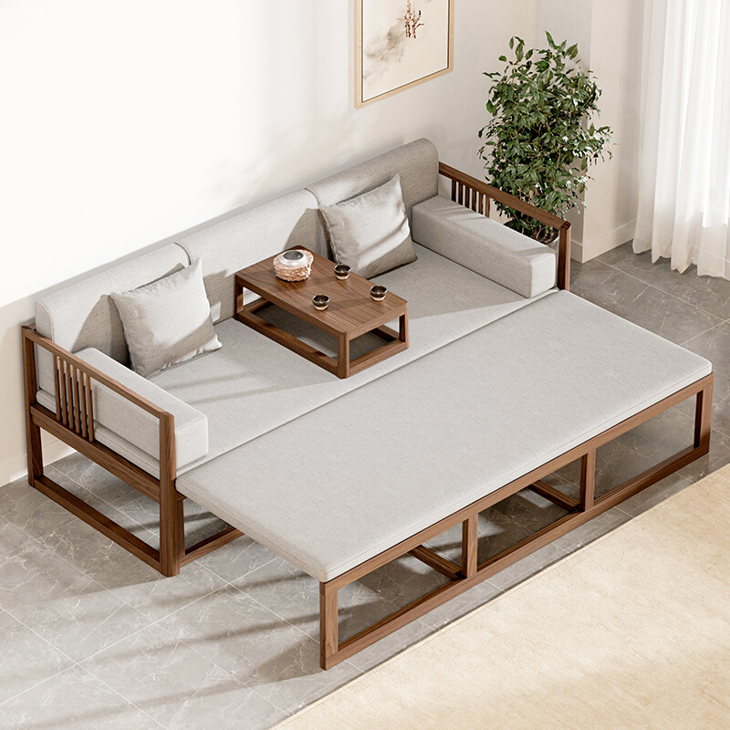 新中式罗汉床可伸缩全实木推拉床折叠两用睡卧塌小户型箱体沙发床