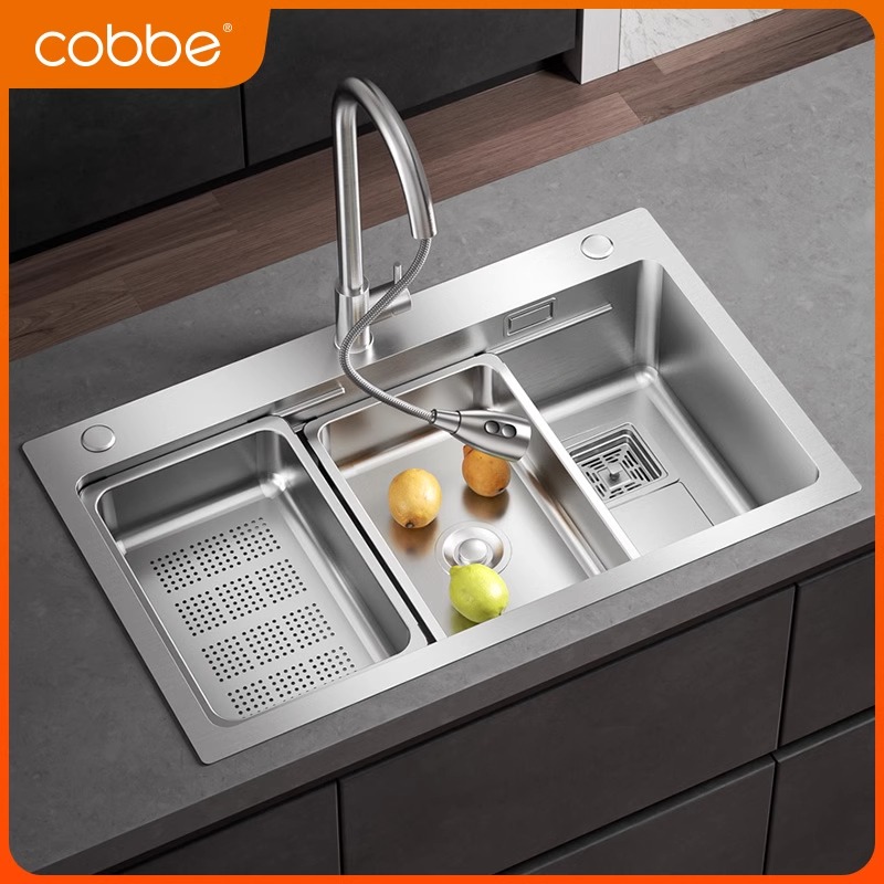 【三槽设计】卡贝304不锈钢手工水槽大单槽洗碗槽厨房台下洗菜盆