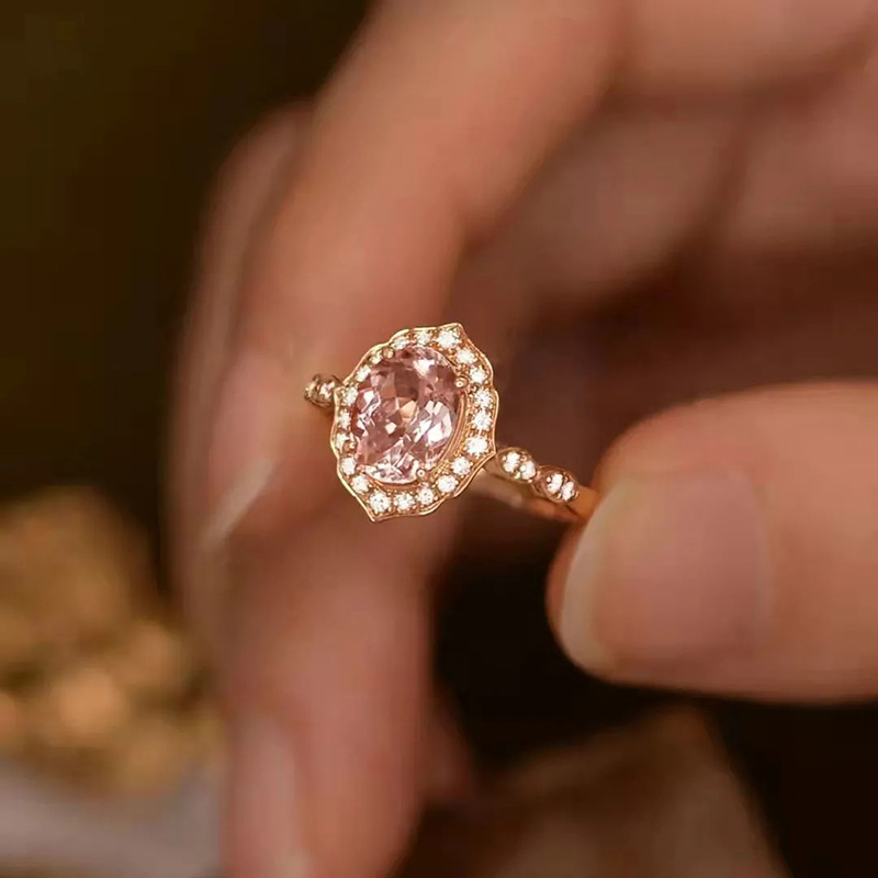 摩根石粉色戒指樱花粉小众设计冷淡风时尚百搭925银18K玫瑰金指环