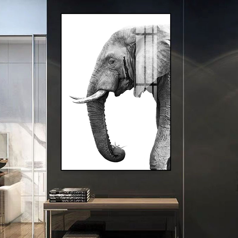 玄关装饰画轻奢风黑白大象动物壁画餐厅卧室客厅走廊过道现代挂画