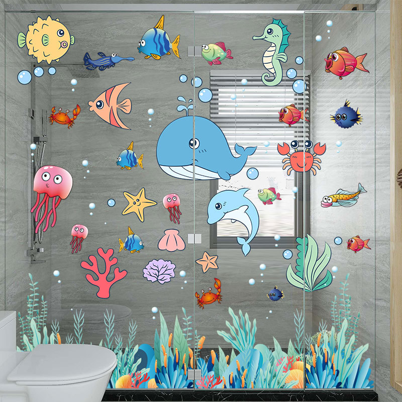 卫生间门贴纸浴室厕所防水玻璃自粘卡通鱼小图案贴画遮丑墙贴装饰