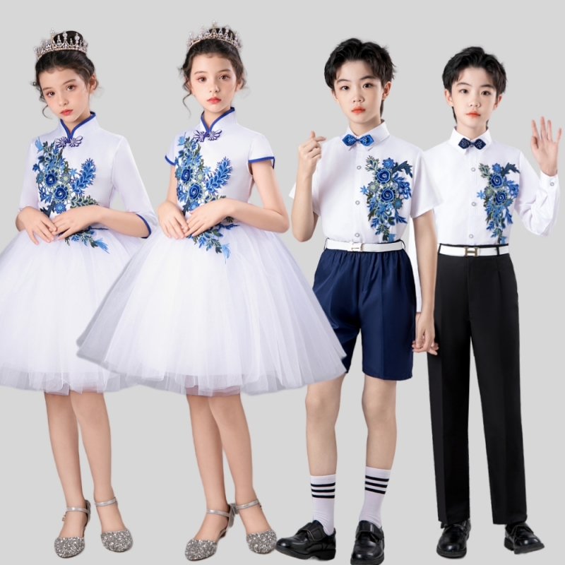 儿童青花瓷演出服中小学生大合唱朗诵比赛表演服中国风女童古筝服