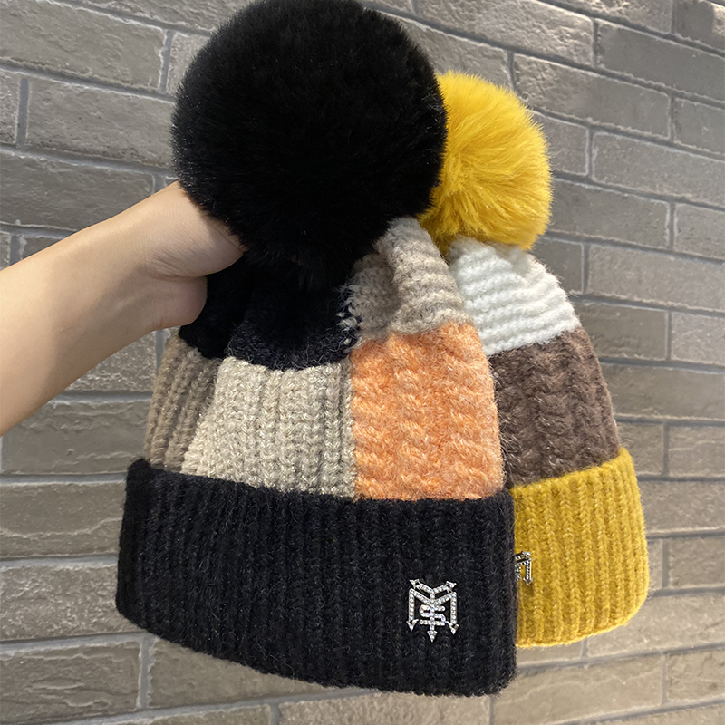 拼色毛线帽子女冬季加绒加厚保暖护耳帽韩国时尚大毛球针织帽冷帽