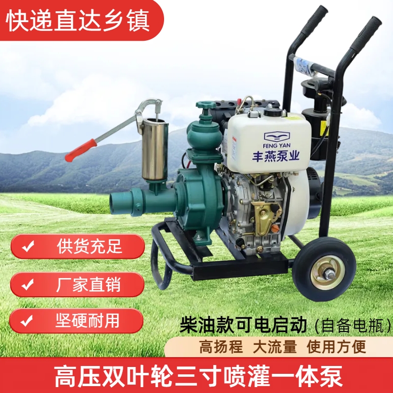 农业灌溉高扬程水泵喷枪专用水泵高压双叶轮电启动柴油机一体水泵