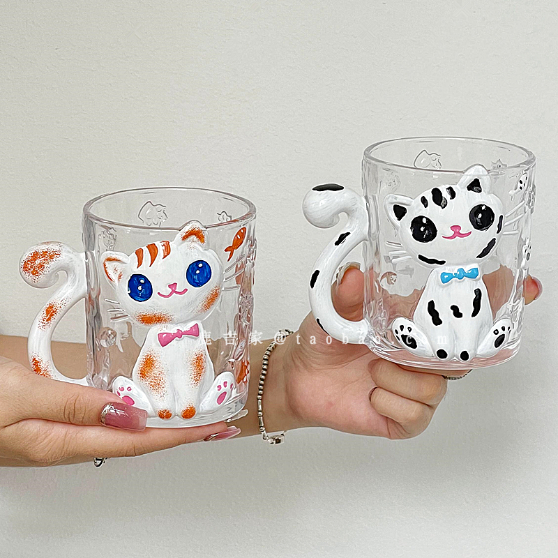 可爱卡通猫咪情侣喝水杯高颜值手绘萌猫玻璃马克杯办公室水杯