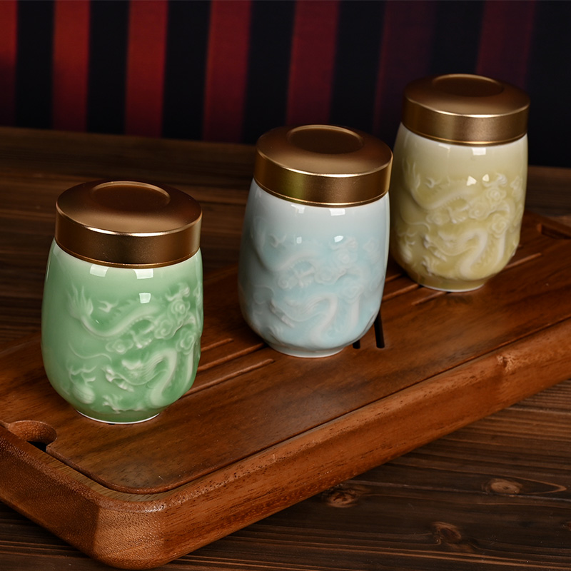 流转千年青瓷双龙茶叶罐便捷旅行储茶罐创意陶瓷密封小茶罐茶仓