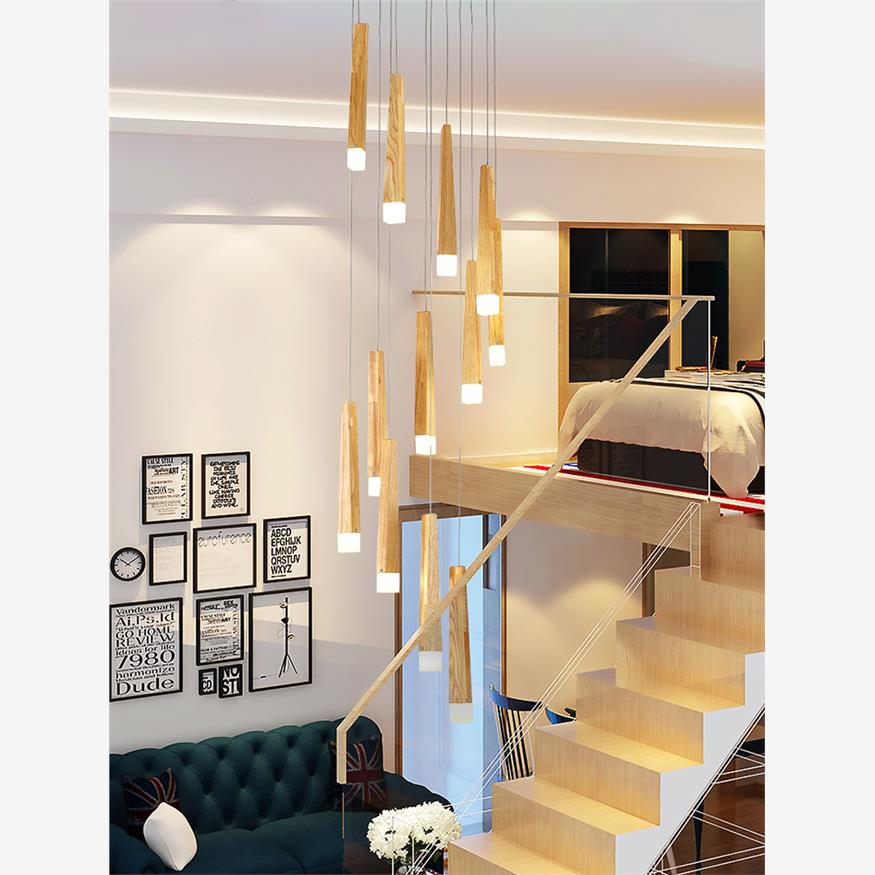 楼梯吊灯挑高原木实木奶油风侘寂日式小复式楼loft公寓挑空客厅灯