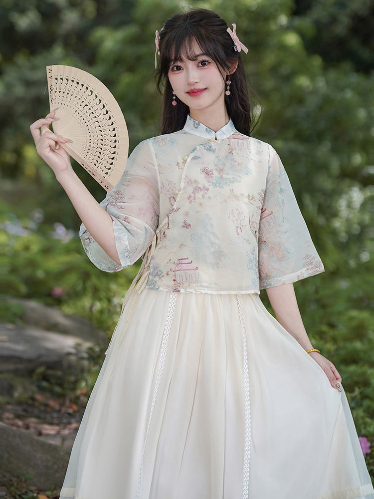 新中式连衣裙女国风两件套夏装茶系穿搭一整套温柔风白色a字裙子