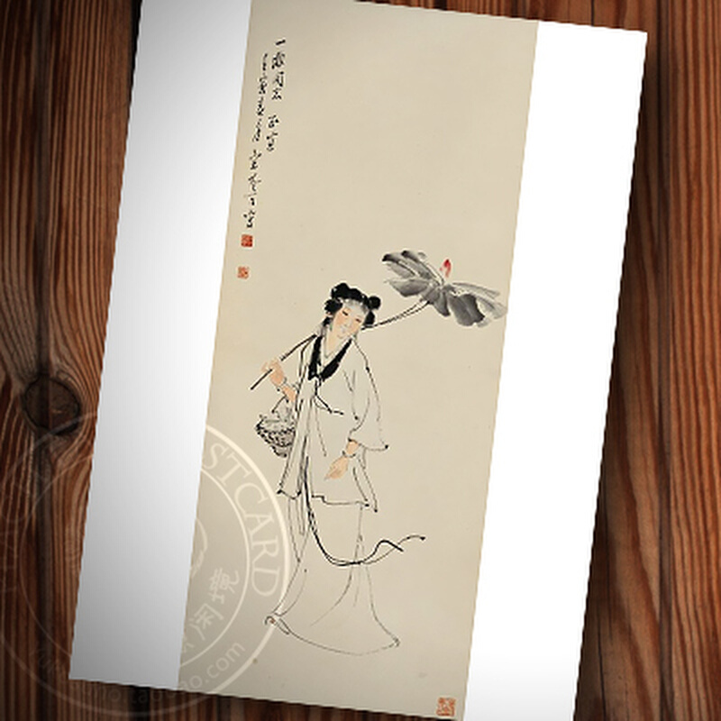 篮彩荷八仙人物中国画水墨写意人物中式风格赠外国朋友明信片
