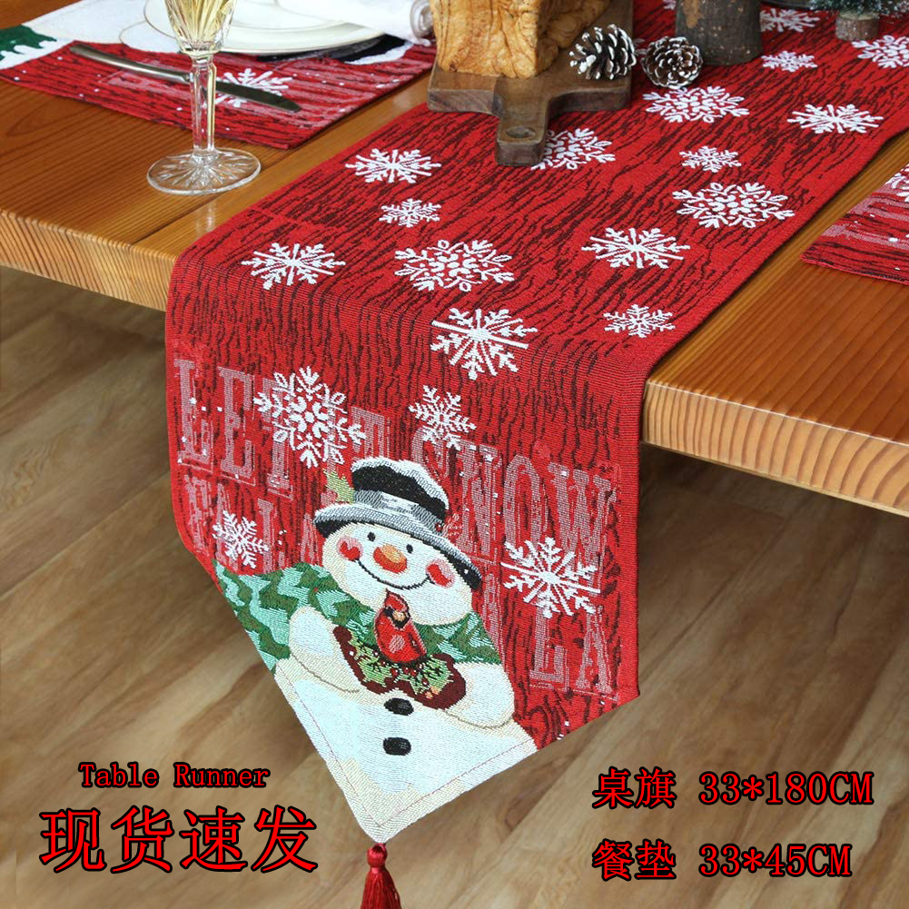 春节喜庆雪人桌旗棉麻刺绣圣诞节雪花桌旗餐桌装饰桌布场景餐桌布