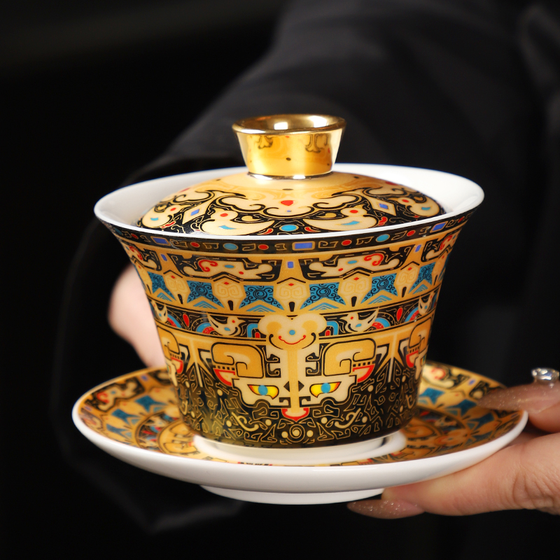 羊脂玉唐卡悬停盖碗三才盖碗茶杯陶瓷描金茶具中式大号水杯