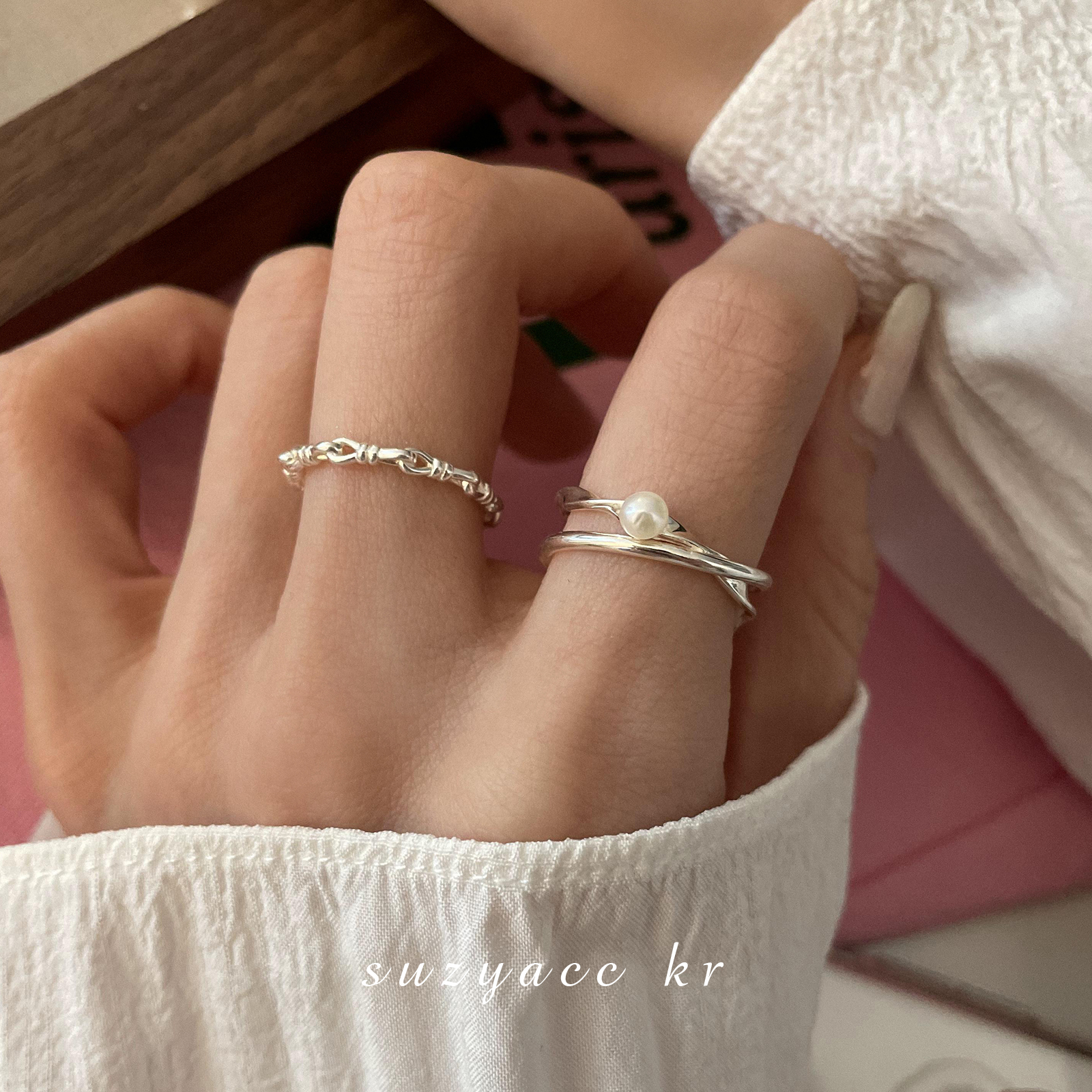 suzyacc kr小众设计高级感珍珠纯银细戒指时尚个性食指戒可调节