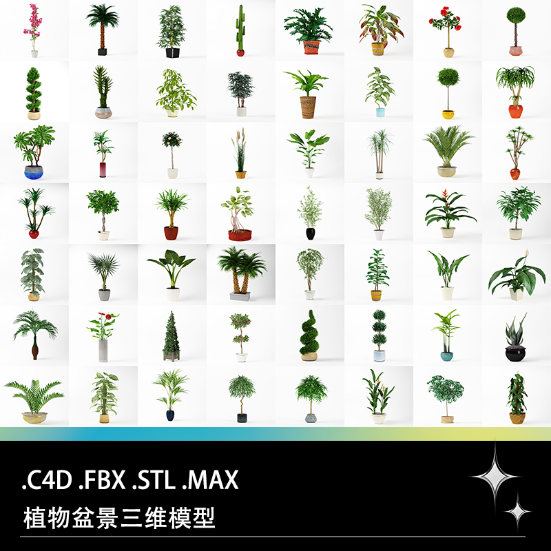 C4D FBX STL MAX植物盆景龙血树万年前变叶木白鹤芋绿萝模型素材