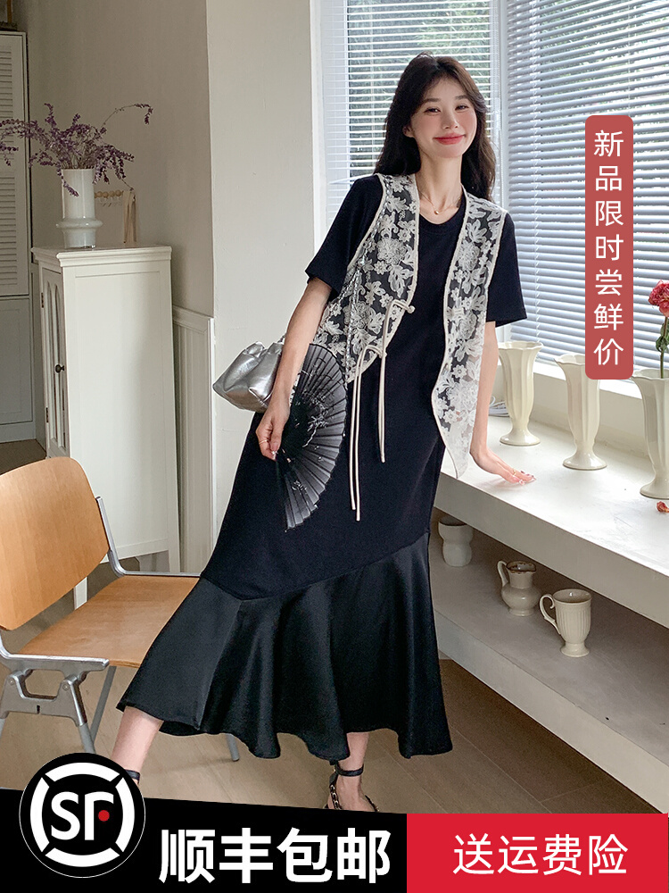 夏装搭配一整套韩系黑色连衣裙蕾丝马甲鱼尾裙今年流行漂亮套装裙