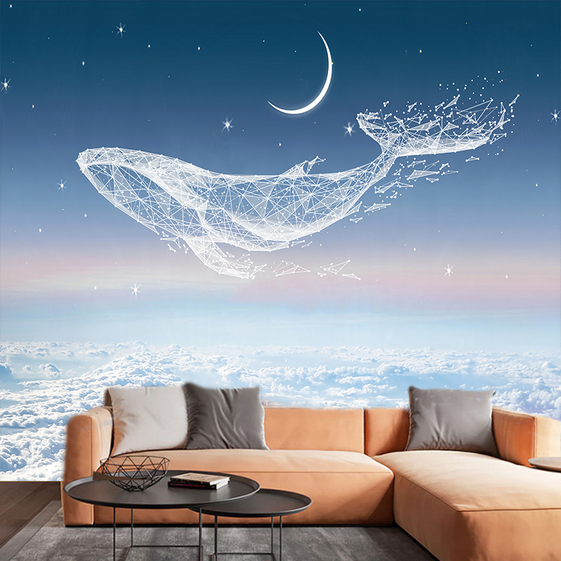 8D北欧鲸鱼墙布沙发电视背景墙壁纸装饰壁画海豚影视墙纸卧室壁布