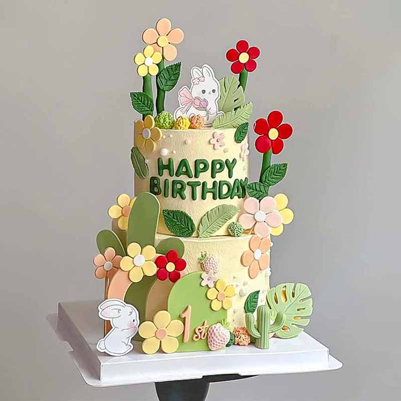 可爱小兔子生日蛋糕装饰兔宝宝周岁满月百天翻糖小花树叶森系甜品