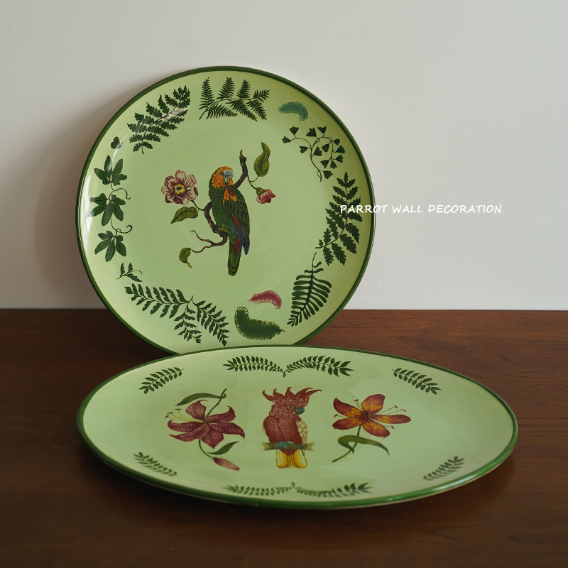 老厂库存 出口欧式热带雨林风格鹦鹉插画陶瓷超大盘 装饰盘 挂盘