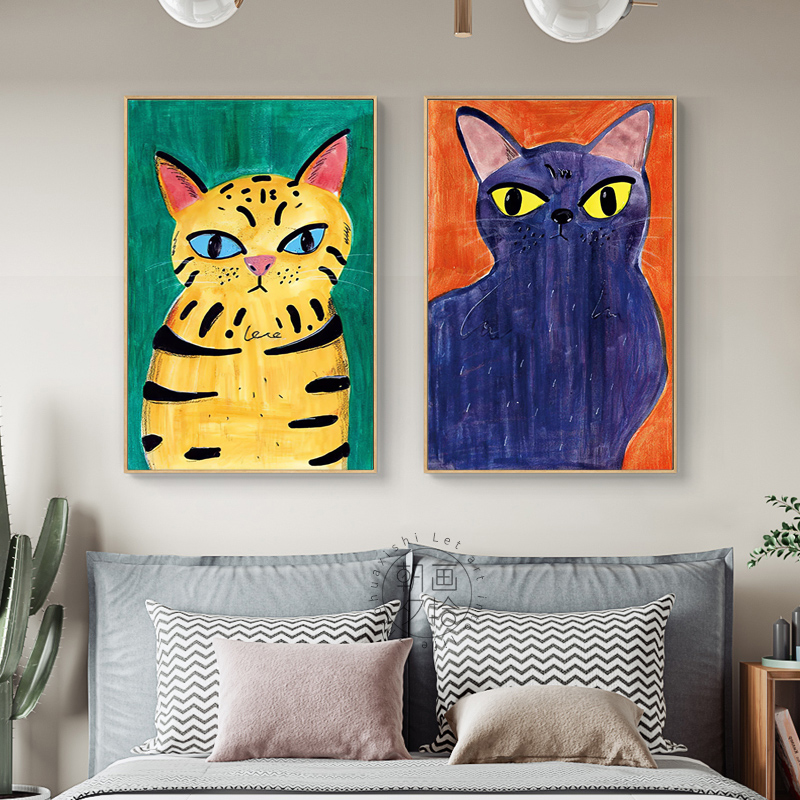 北欧ins创意小猫咪儿童房挂画宠物店卡通艺术装饰画客厅卧室壁画