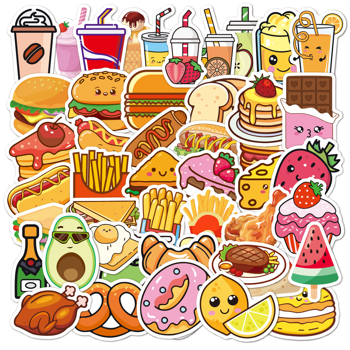 50个平面水杯贴纸汉堡蛋糕美食品水果儿童笔记本行李箱防水粘贴画