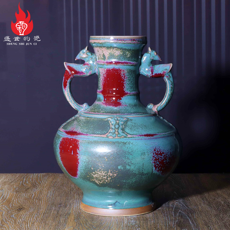 新款禹州钧瓷中式仿古花瓶青铜器样式绿色陶瓷樽摆件钧窑炉钧釉和
