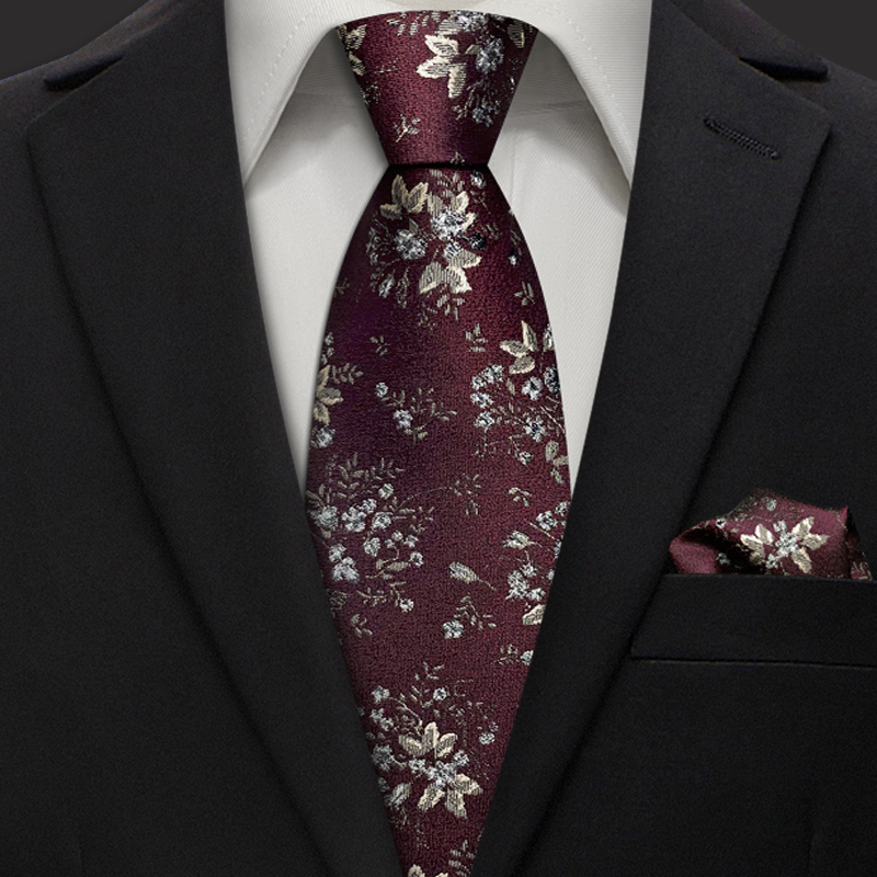 结婚领带男新郎正式西装礼服喜庆酒红色花纹领带方巾两件套礼盒装
