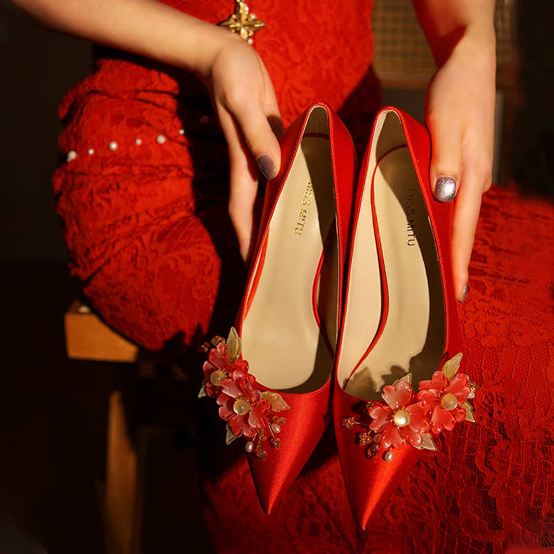 米兔小姐【海棠雨后】秀禾服婚鞋女红色新娘鞋花朵绝美中式高跟鞋