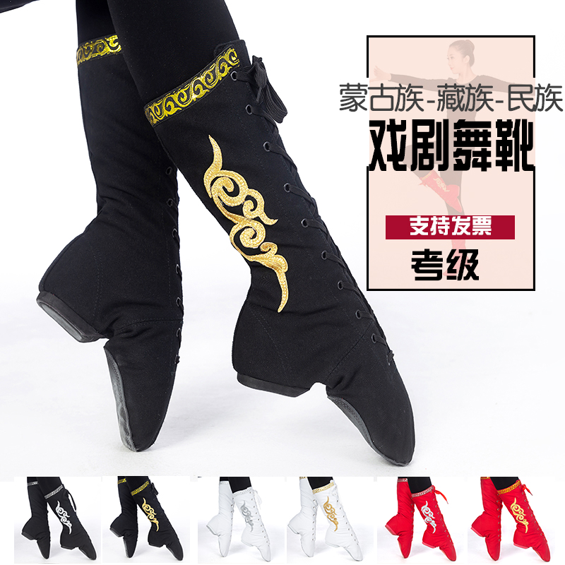 蒙古舞蹈靴艺考绣花演出练功女长筒鞋子跳舞男民藏族舞台马靴爵士