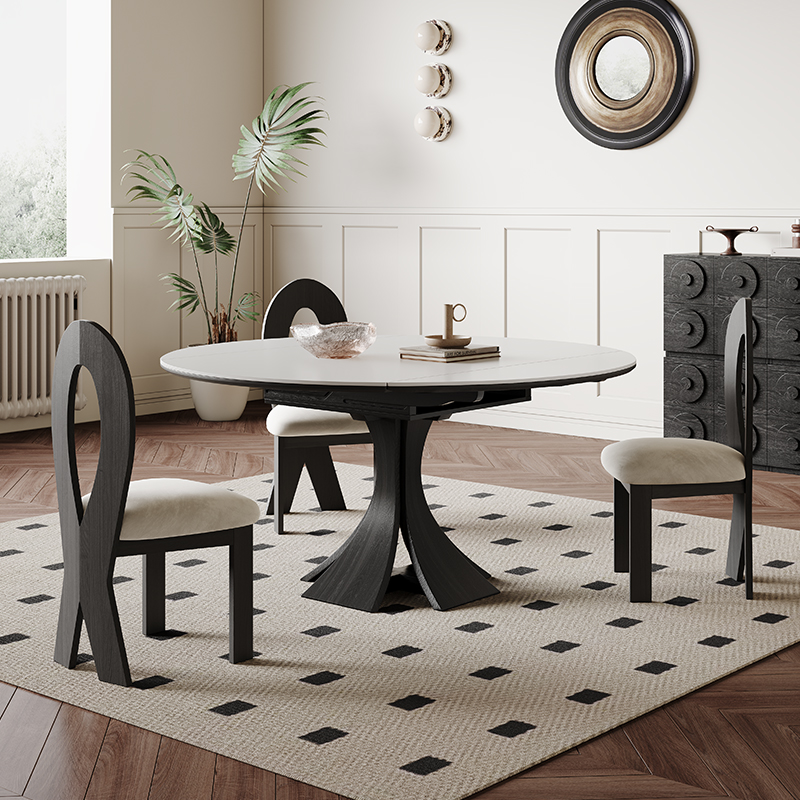 法式复古伸缩岩板餐桌白色家用小户型意式轻奢设计师圆形实木餐桌
