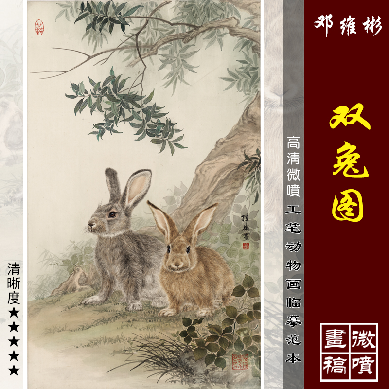邓维彬双兔图高清微喷工笔兔子临摹绢布底稿工笔动物画稿小动物画