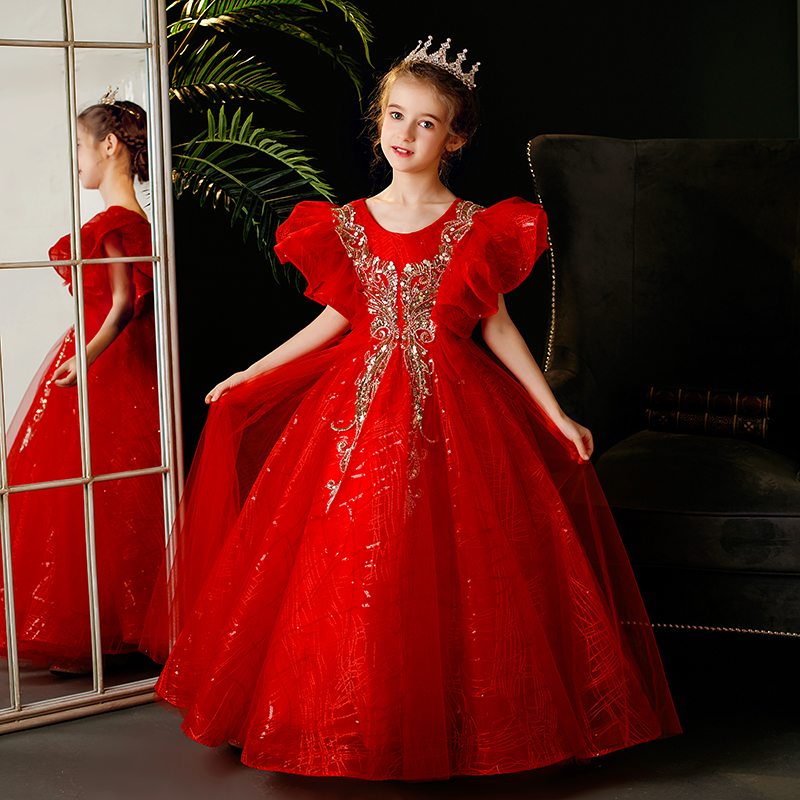 红色儿童礼服公主裙高端女童钢琴演出服洋气模特生日长袖秋冬长裙