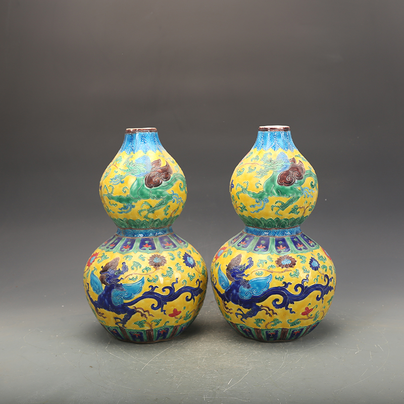 明永乐瓷器珐华彩葫芦瓶一对古董古玩明清老瓷器旧货老货收藏摆件