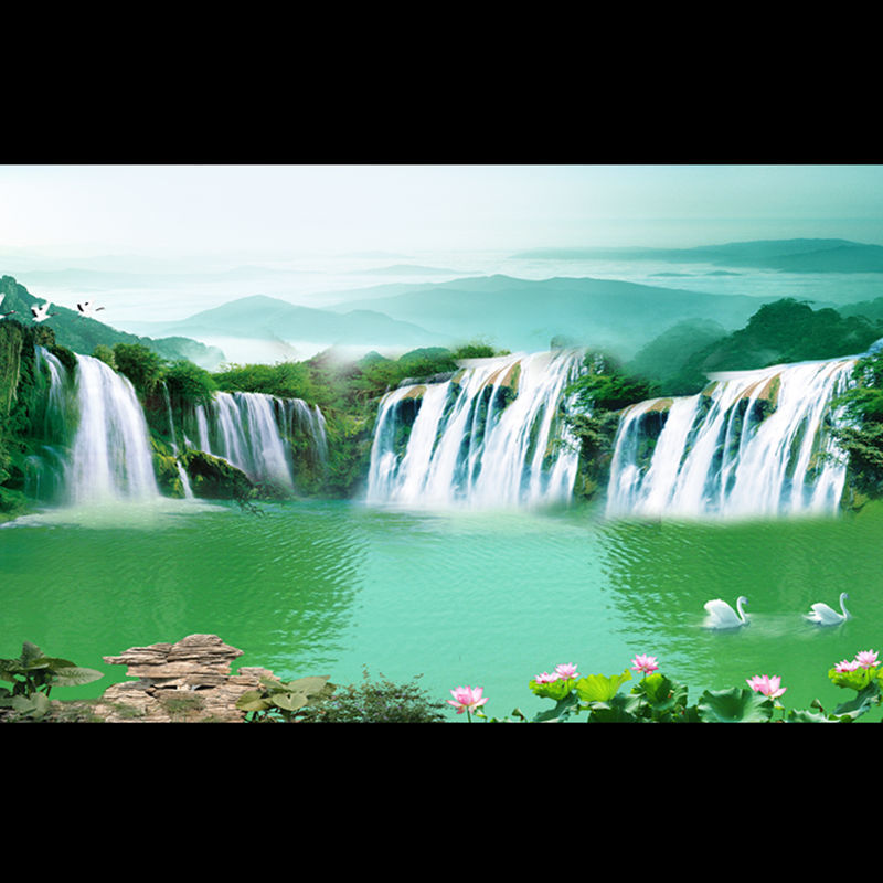 鱼缸水族箱高山流水瀑布背景画定做3D高清缸外贴纸壁图福造景装饰