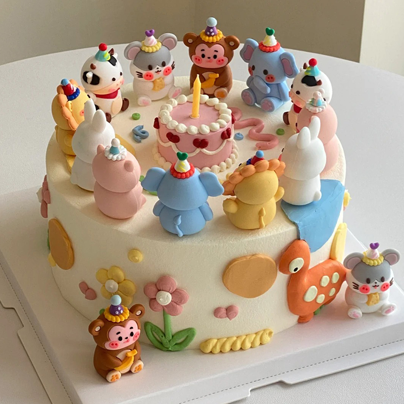 ins风复古立体小动物过生日蛋糕装饰小熊小兔小牛宝宝周岁蛋糕
