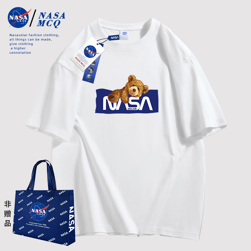NASA联名2024新款百搭印花小熊卡通字母男女情侣同款纯棉T恤FY