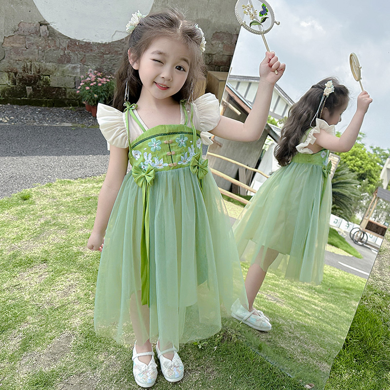 女童连衣裙夏季款2024新款夏装汉服儿童小女孩超仙演出服翠绿裙子