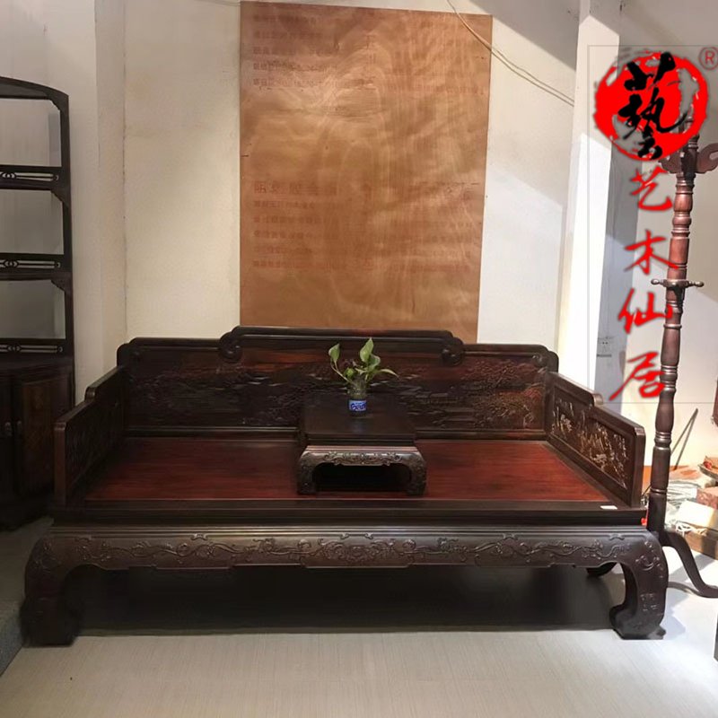 红木家具大红酸枝山水罗汉床两件套明清古典沙发床榻交趾黄檀
