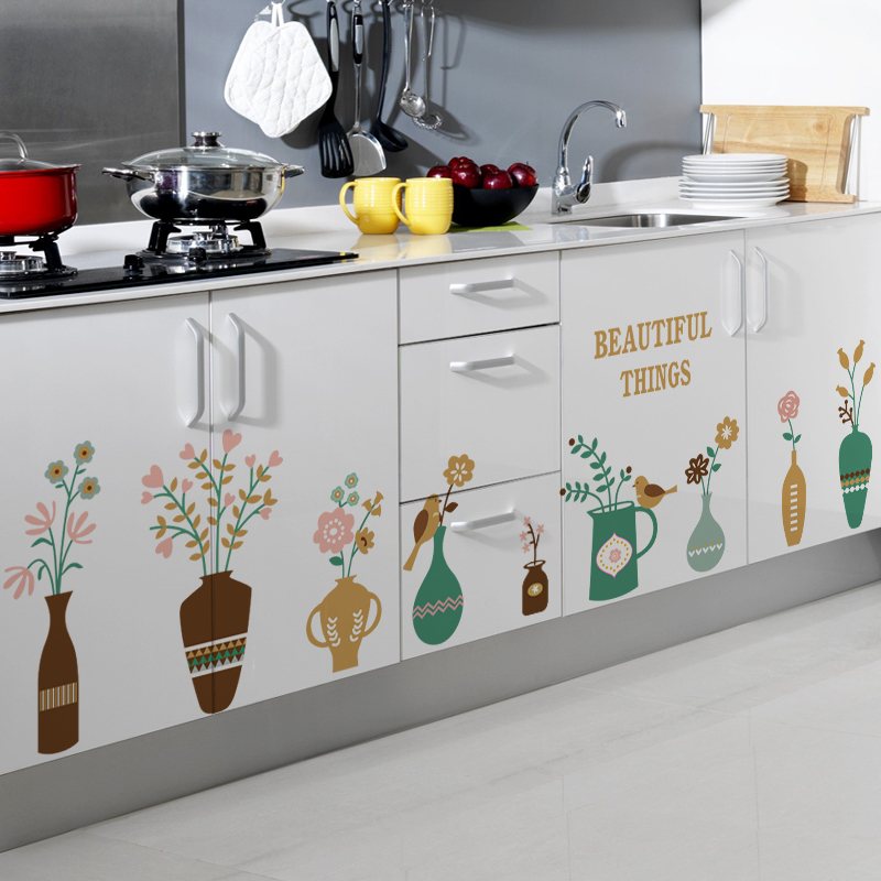 橱柜贴纸冰箱厨柜门家用自粘厨房贴画家用贴饰装饰小图案花瓶贴花
