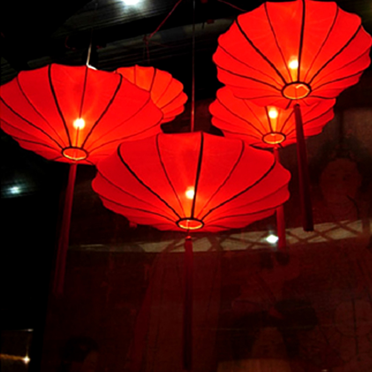 现代中式宴会厅餐饮红灯笼古典酒店饭店茶楼中式室内装修布艺吊灯