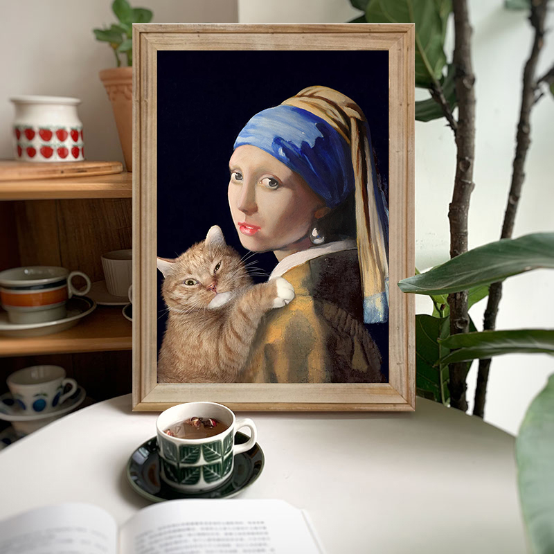 恬静舒适塞纳河畔~恶搞名画戴珍珠耳环的少女抱猫~静物油画装饰画