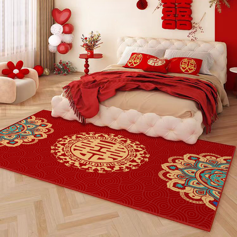 新婚卧室床边地垫婚房布置喜庆红色喜字地垫卧室进门入户门脚垫
