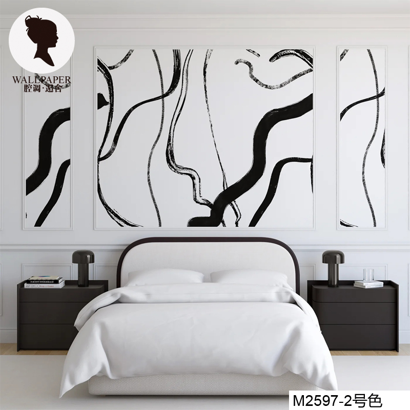 腔调壁画个性黑白时尚抽象线条客厅卧室欧美现代美容院背景M2597