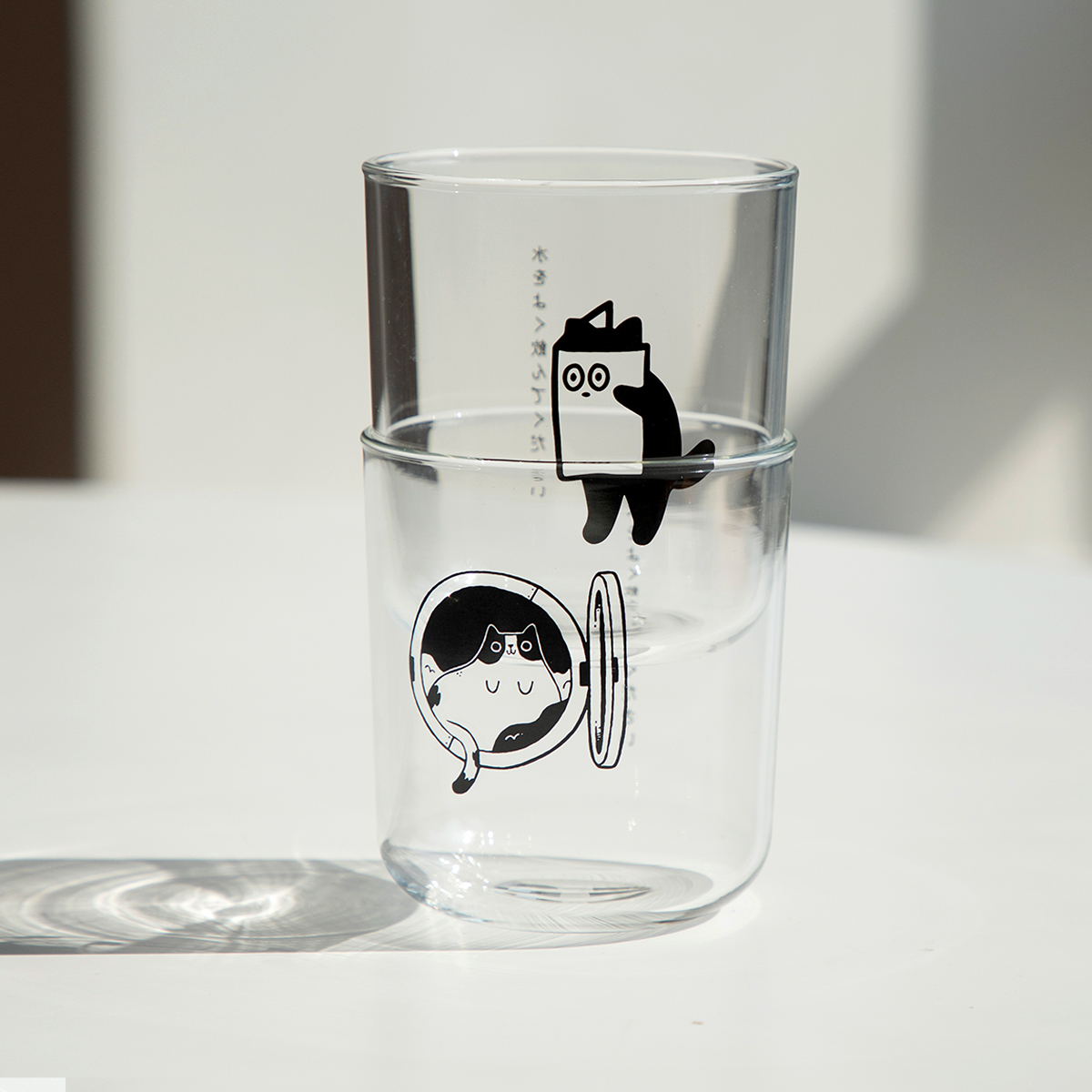 三宅家食器 原创设计插画师日式可爱猫咪手绘冰咖啡杯 耐热玻璃杯