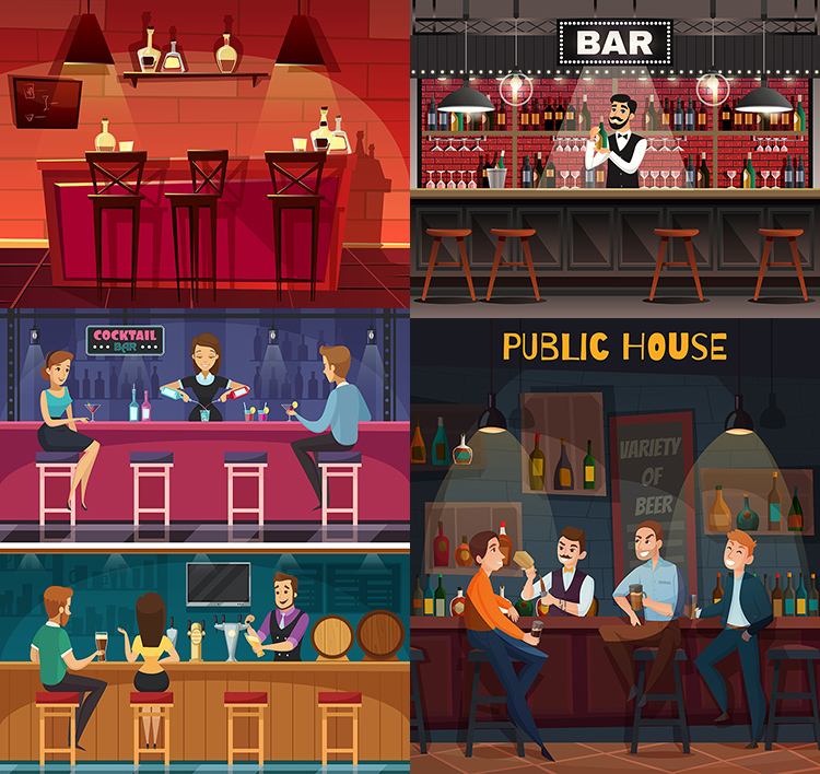 酒吧场景插画 夜店吧台喝酒调酒师人物海报 AI格式矢量设计素材