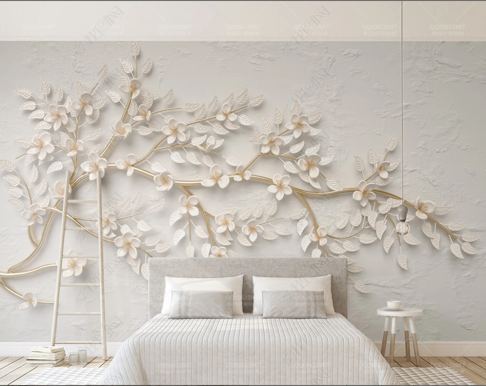 3d立体浮雕花朵树枝电视背景壁纸小清新简约现代唯美客厅沙发壁画