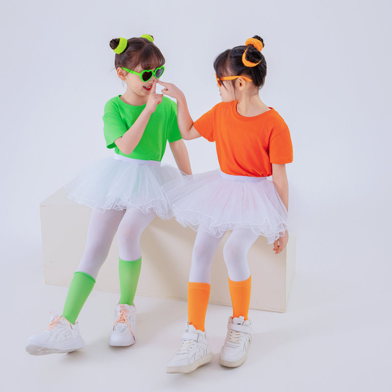儿童彩色t恤配纱裙表演女孩演出服幼儿园小学生舞蹈服蓬蓬裙套装
